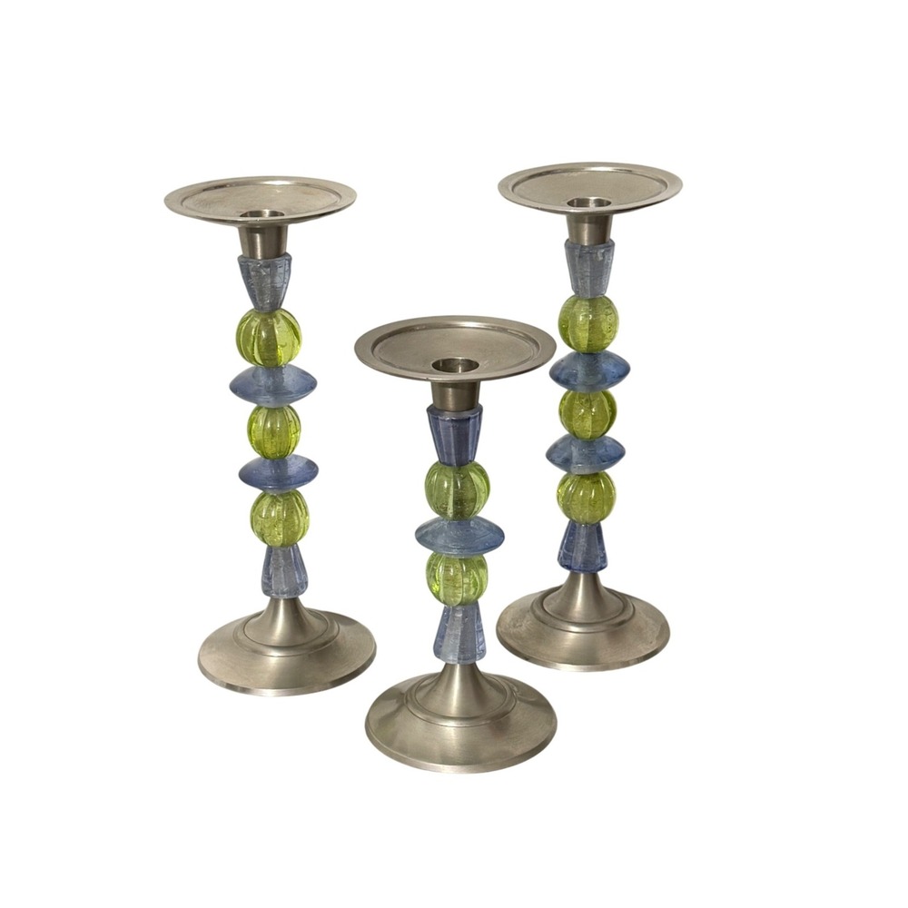 Savannah Candle Holder Set Home Decor OS Blue Green Glass Metal Taper Trio